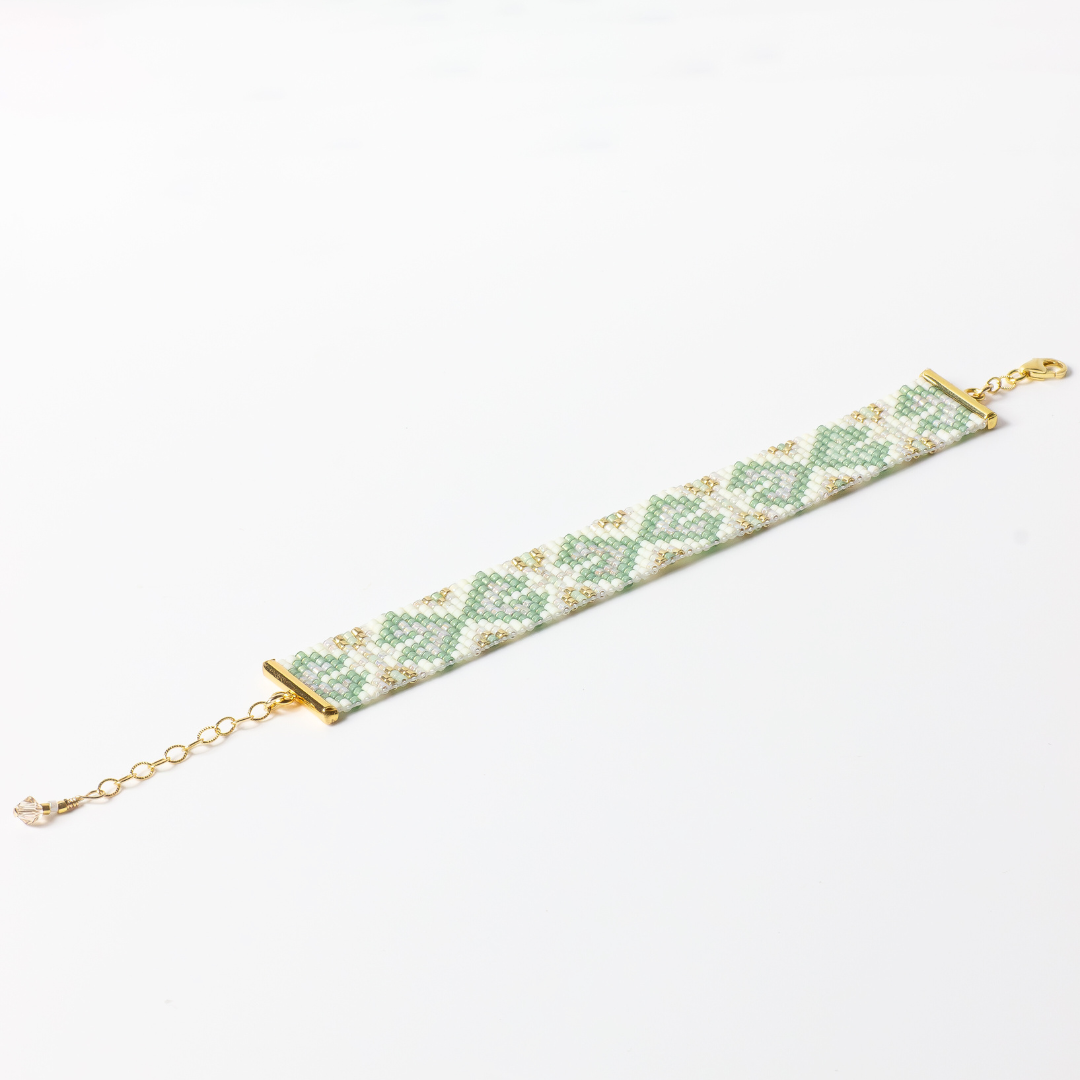 Hearts in Laurel Green - Bracelet with Palestinian Tatreez Pattern