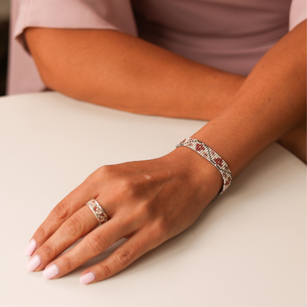 Flower Buds in Magenta- Bracelet with Palestinian Tatreez Pattern