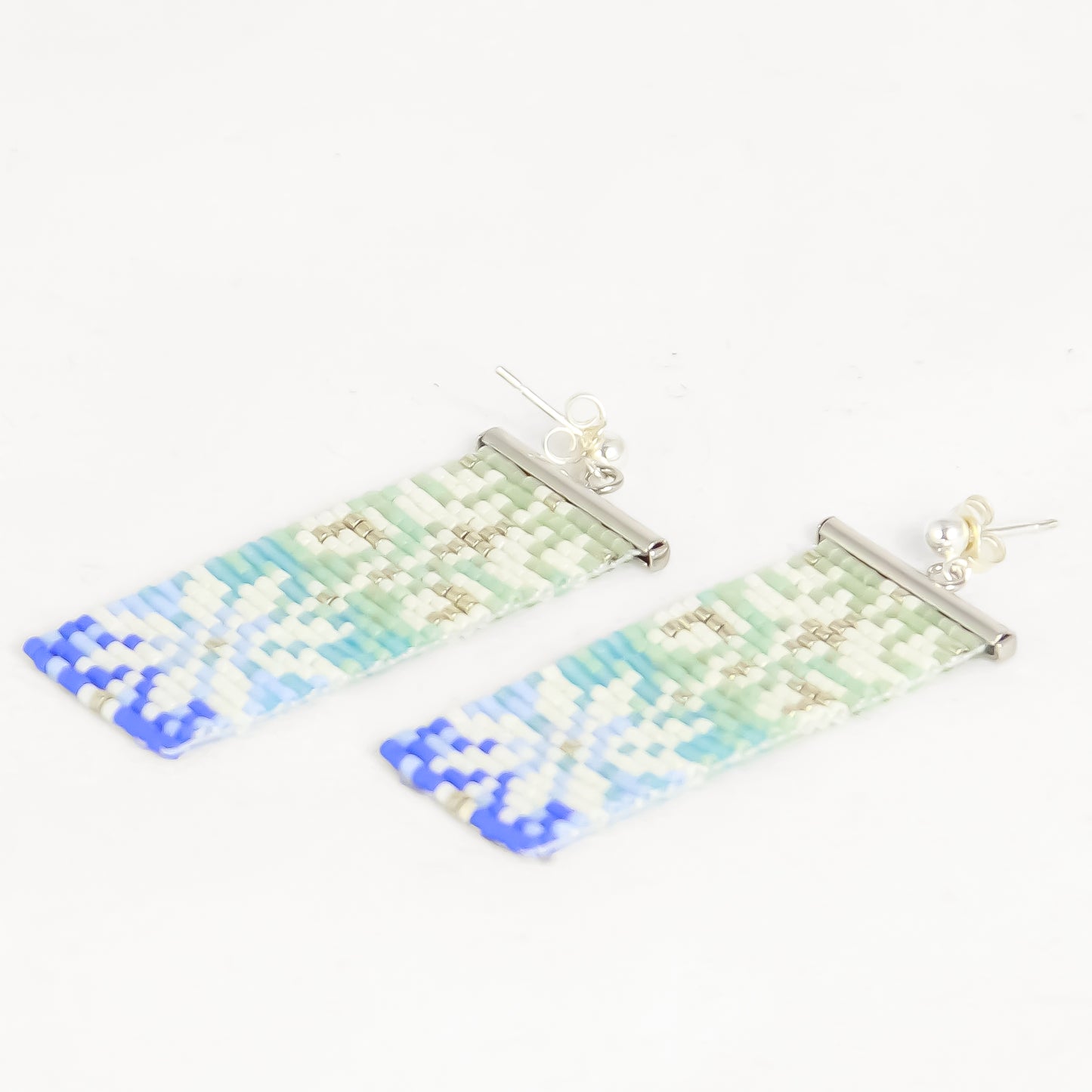 Earrings in Ombre with Palestinian Tatreez from Yafa in Green Blue Cream and Silver