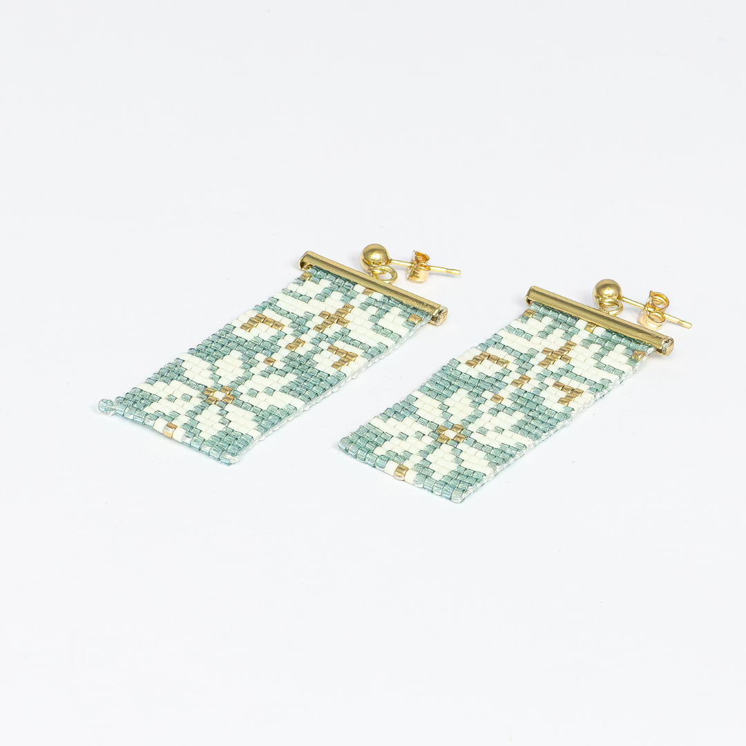 Earrings with Palestinian Tatreez pattern from Yafa in Sea foam green white and gold