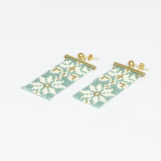 Earrings with Palestinian Tatreez pattern from Yafa in Sea foam green white and gold