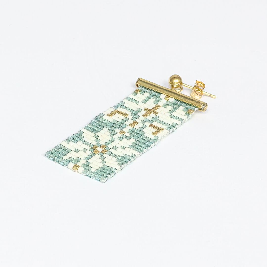 Earrings with Palestinian Tatreez pattern from Yafa in Sea foam green white and gold