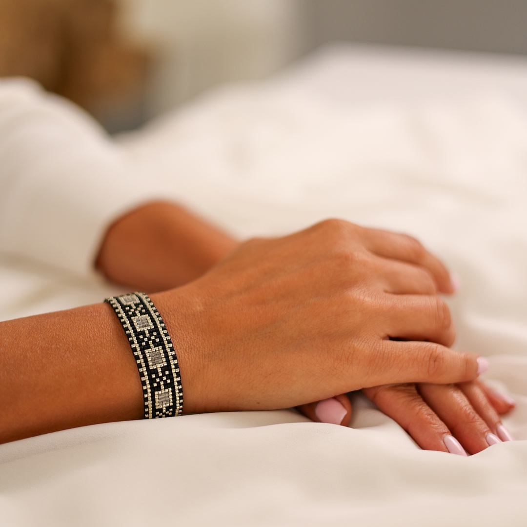 The_Watches_Bracelet_Tatreez_Bracelet Black and Silver Glass Beads