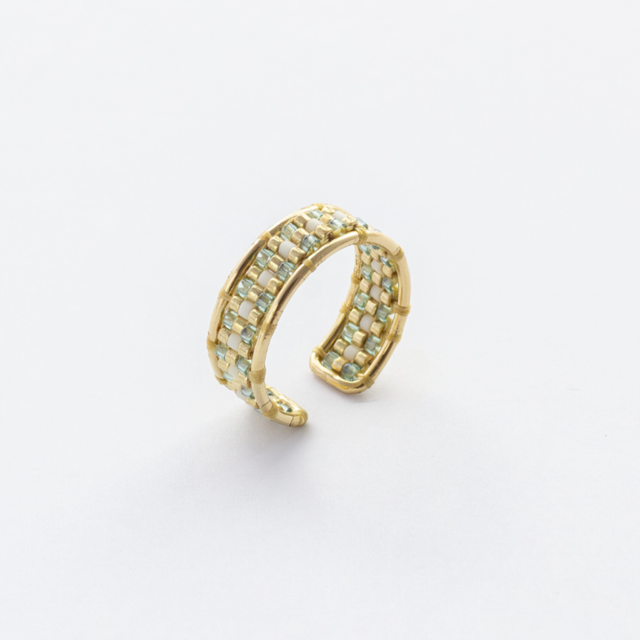 Ring with Yafa Tatreez Pattern encased with gold filled metal and glass beads