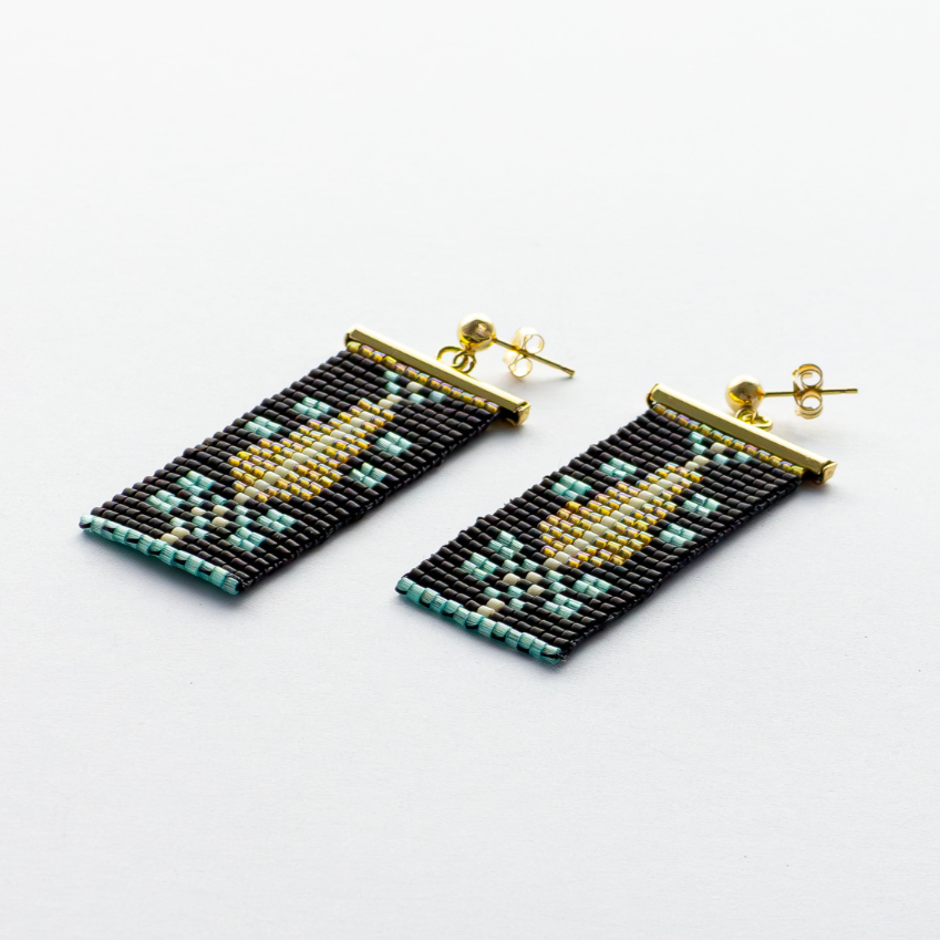 Close-up of Cypress Earrings in Green Turquoise - Highlighting vibrant green turquoise beads with warm amber accents