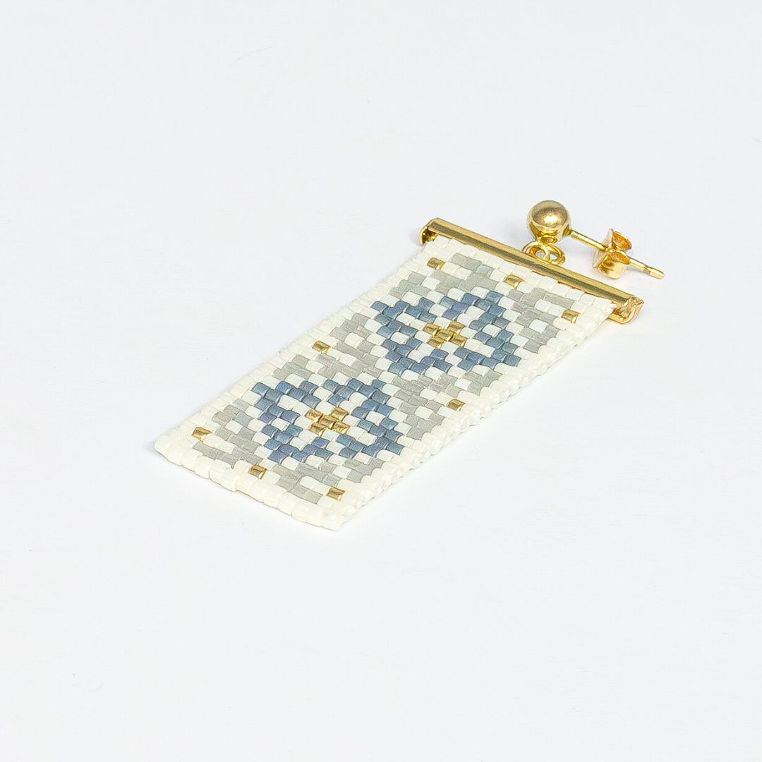 Ramallah Earrings with Palestinian Tatreez Pattern from Ramallah in Gray and Cream and Gold