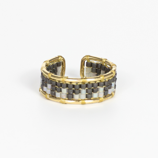 Gold filled ring with glass bead and a Tatreez pattern from Esdud in Gold and Gray 