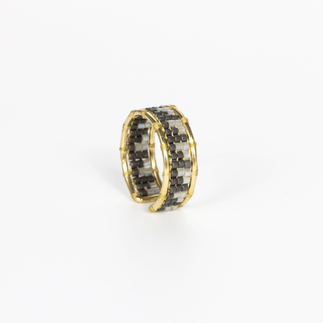 Gold filled ring with glass bead and a Tatreez pattern from Esdud in Gold and Gray 