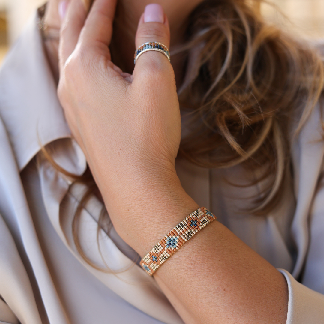 The Dress in Cedar Brown - Bracelet with Palestinian Tatreez Pattern