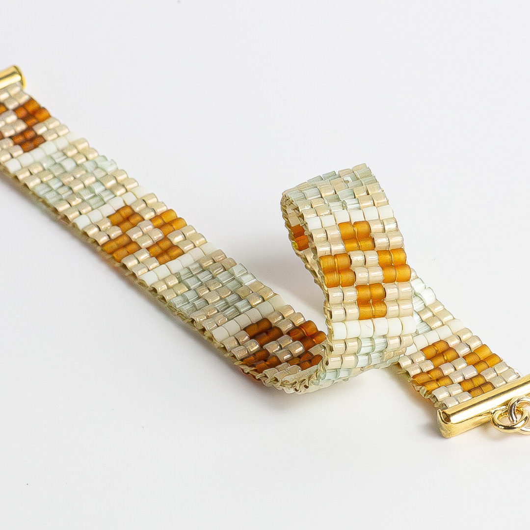 Bracelet with tatreez pattern from yafa in Honey opal green brown and cream 