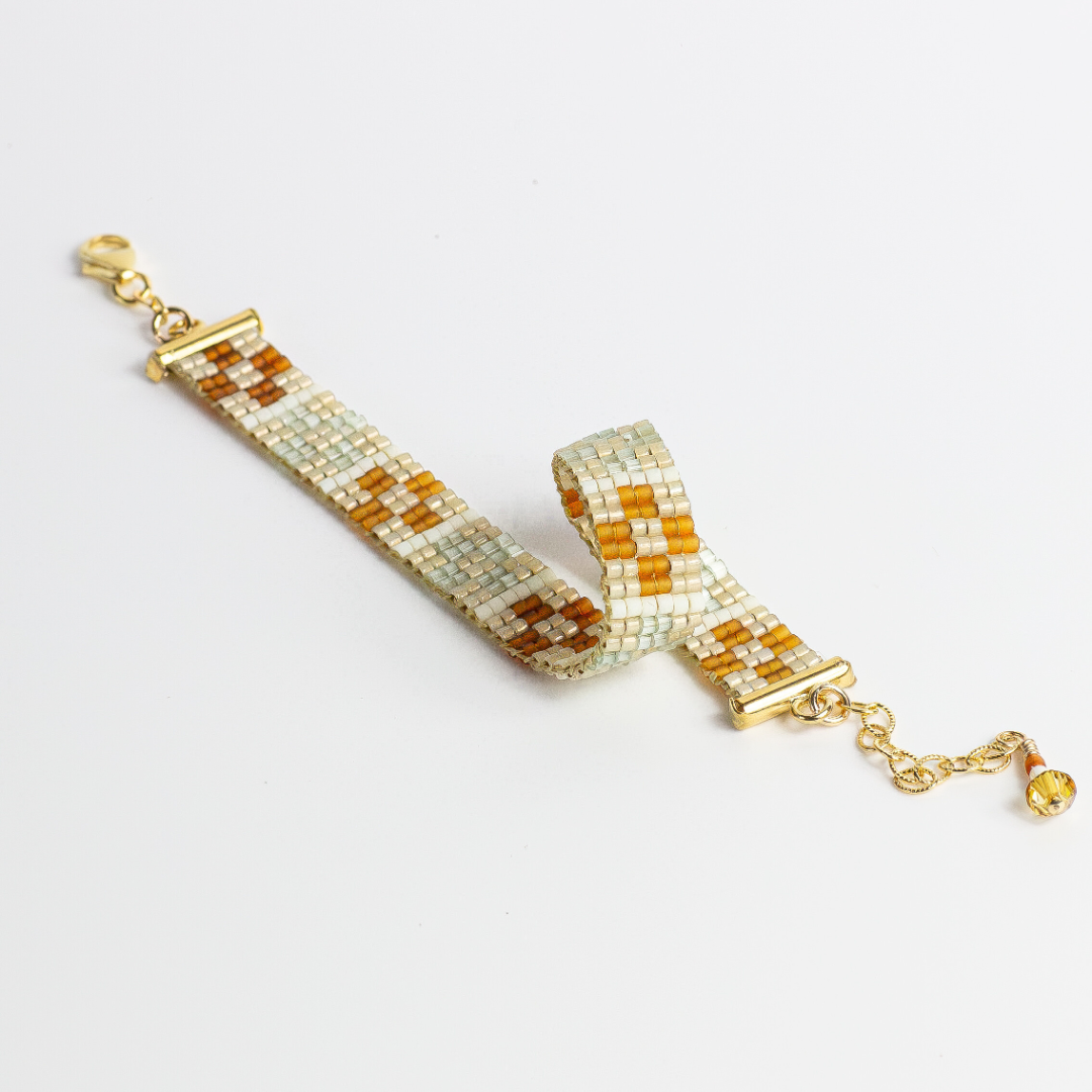 Bracelet with tatreez pattern from yafa in Honey opal green brown and cream 