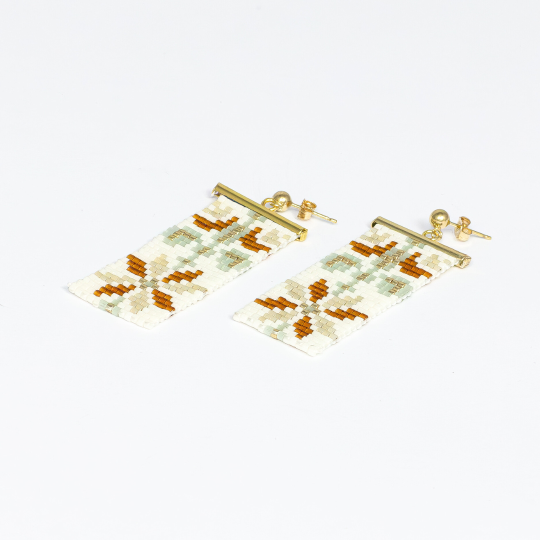 Earrings with Palestinian Tatreez pattern from Yafa in Honey Opal Brown Green Cream and Gold