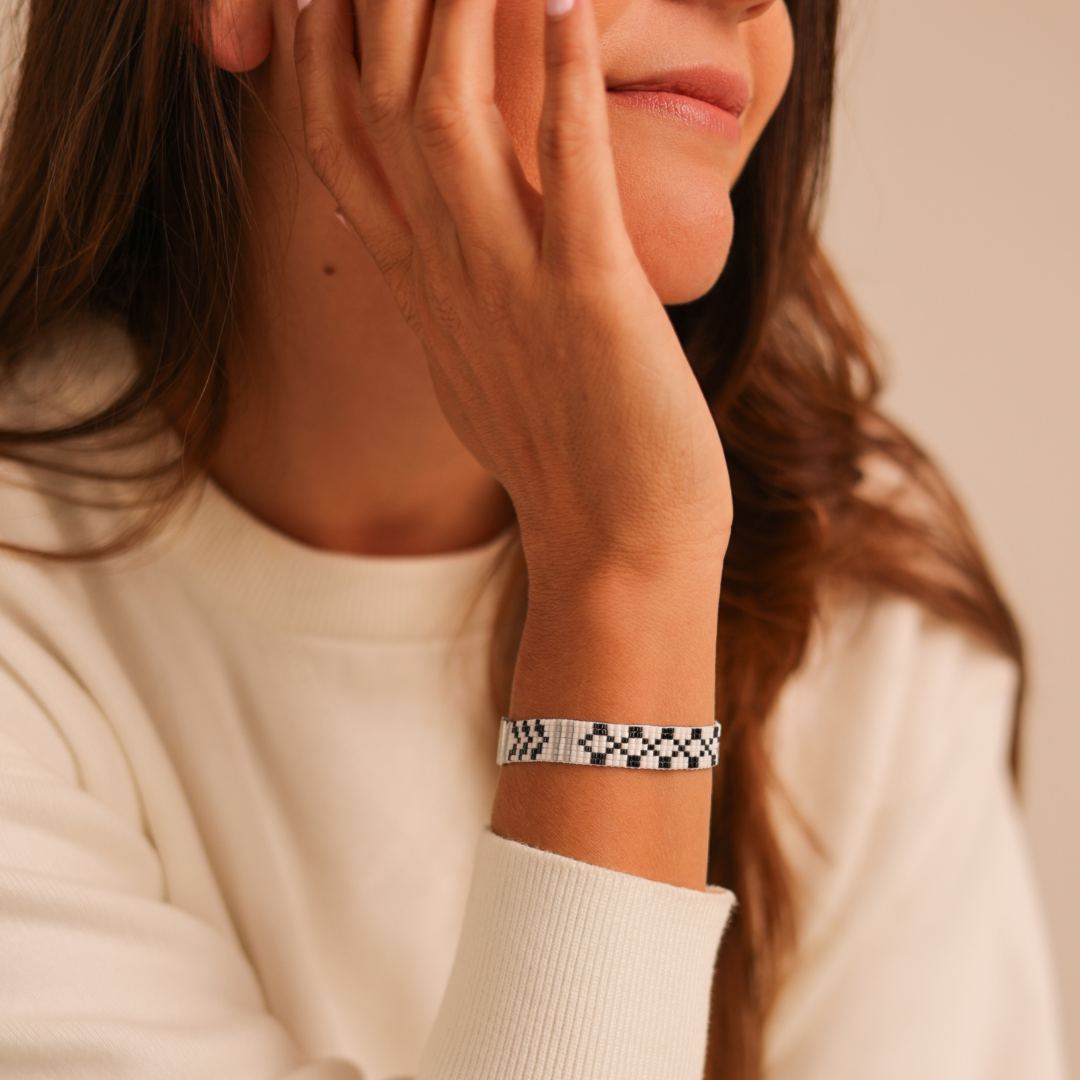 Keffiyeh_Bracelet_Thin Black White and Gray Miyuki Beads