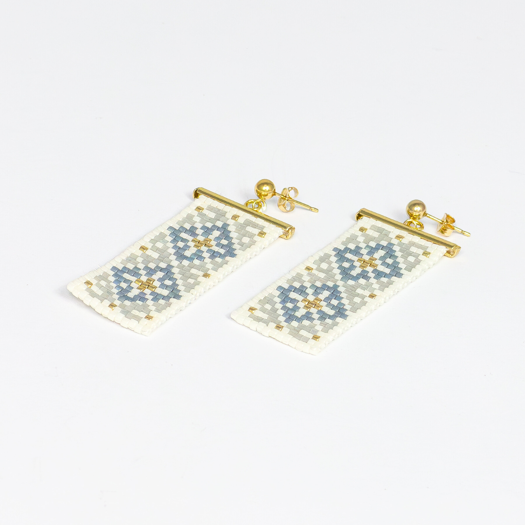 Ramallah Earrings with Palestinian Tatreez Pattern from Ramallah in Gray and Cream and Gold