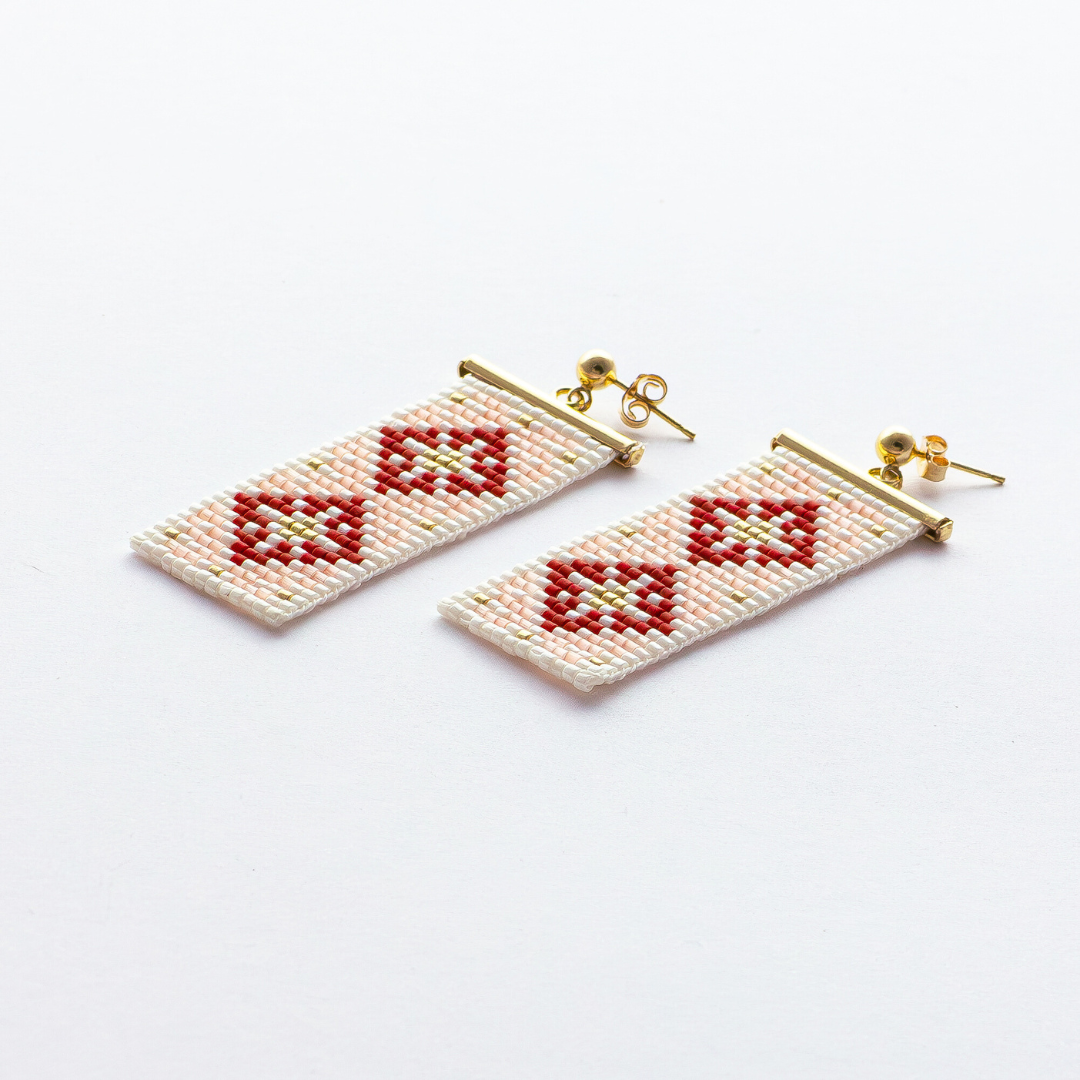 Earrings with Palestinian Tatreez patterns from Ramallah in Red Pink Cream and Gold