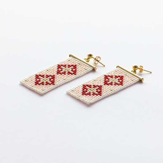 Earrings with Palestinian Tatreez patterns from Ramallah in Red Pink Cream and Gold