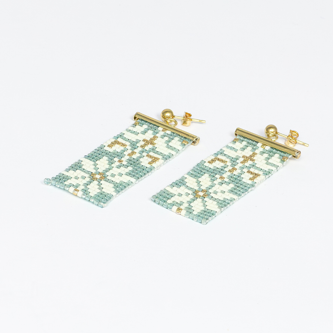 Earrings with Palestinian Tatreez pattern from Yafa in Sea foam green white and gold 