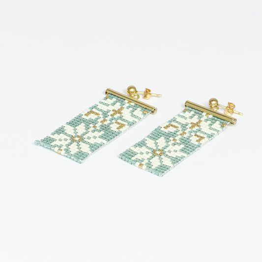 Earrings with Palestinian Tatreez pattern from Yafa in Sea foam green white and gold 