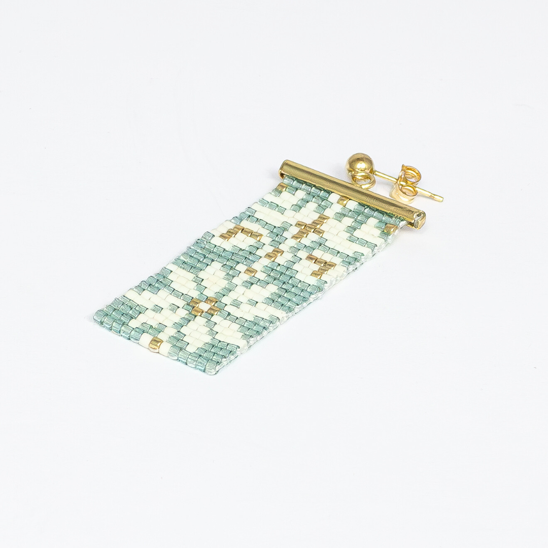 Earrings with Palestinian Tatreez pattern from Yafa in Sea foam green white and gold 