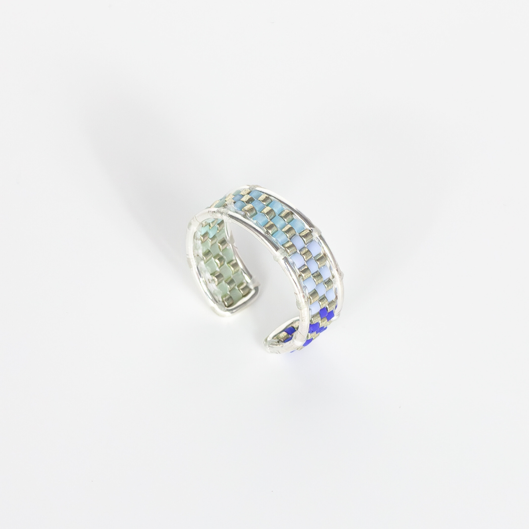 Sterling silver ring with a tatreez pattern from Yafa in Blue and Green