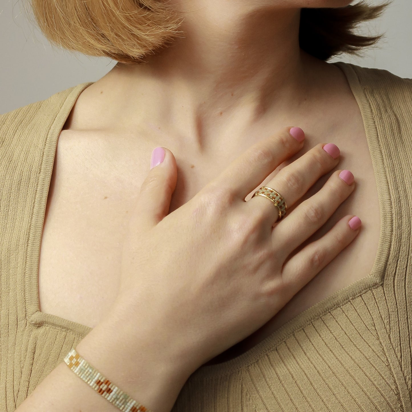 Yafa in Honey Opal - Ring with Palestinian Tatreez Pattern