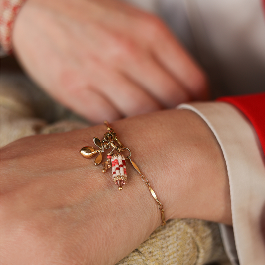 The Branch in Brick Red - Charm Bracelet with Palestinian Tatreez Pattern
