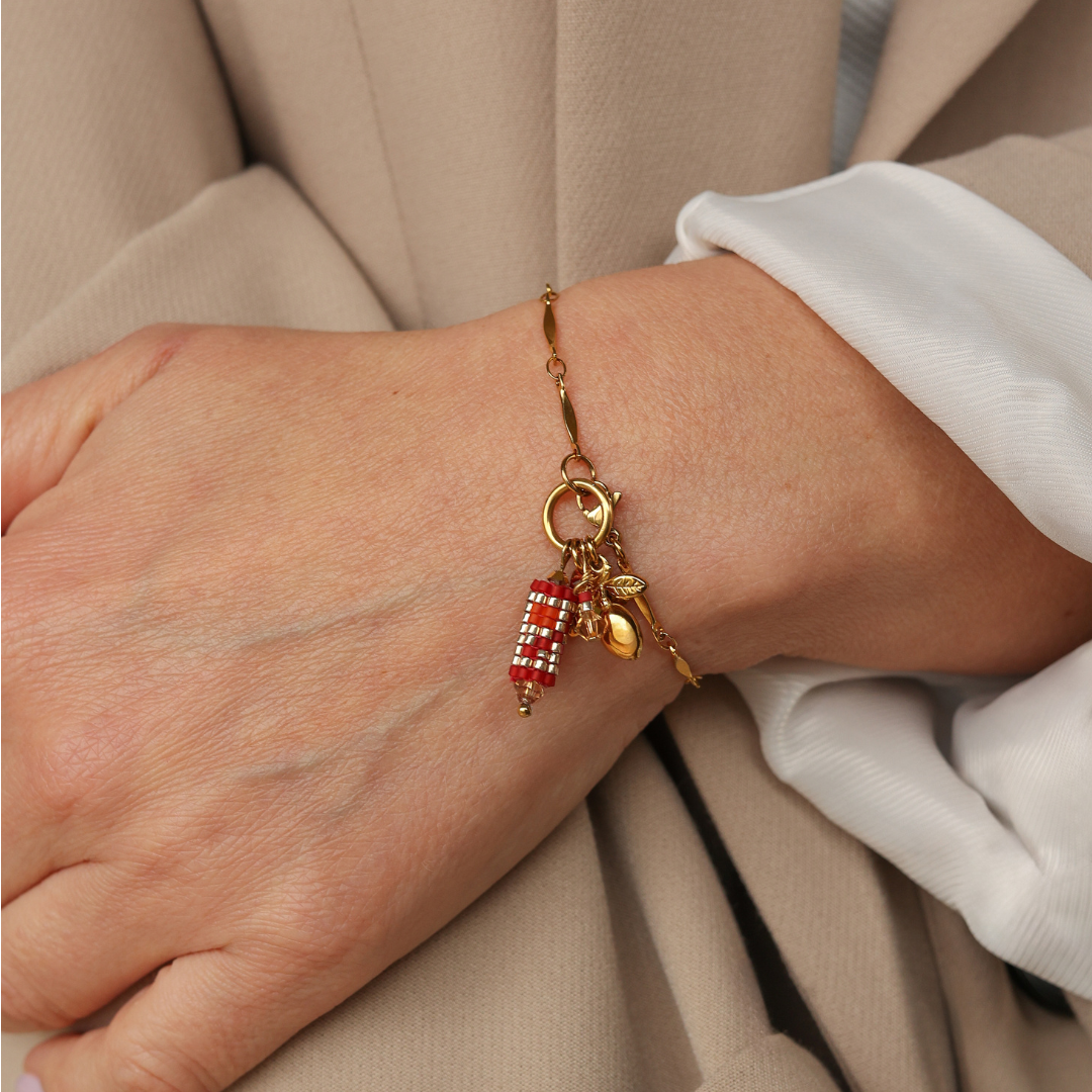 The Branch in Orange Red - Charm Bracelet with Palestinian Tatreez Pattern