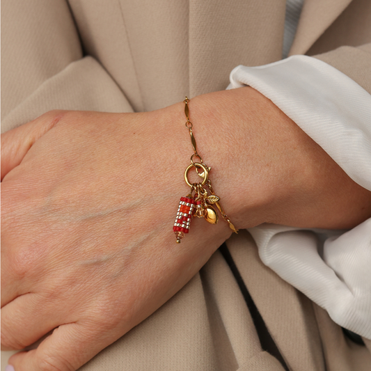 The Branch in Orange Red - Charm Bracelet with Palestinian Tatreez Pattern
