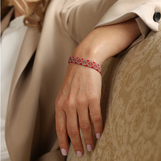 The Passage in Orange Red - Bracelet with Palestinian Tatreez Pattern