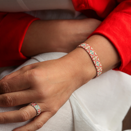 The Passage in True Red - Bracelet with Palestinian Tatreez Pattern