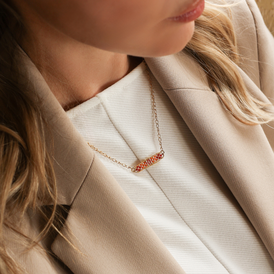 Tulkarem in Orange Red - Necklace with Palestinian Tatreez Pattern