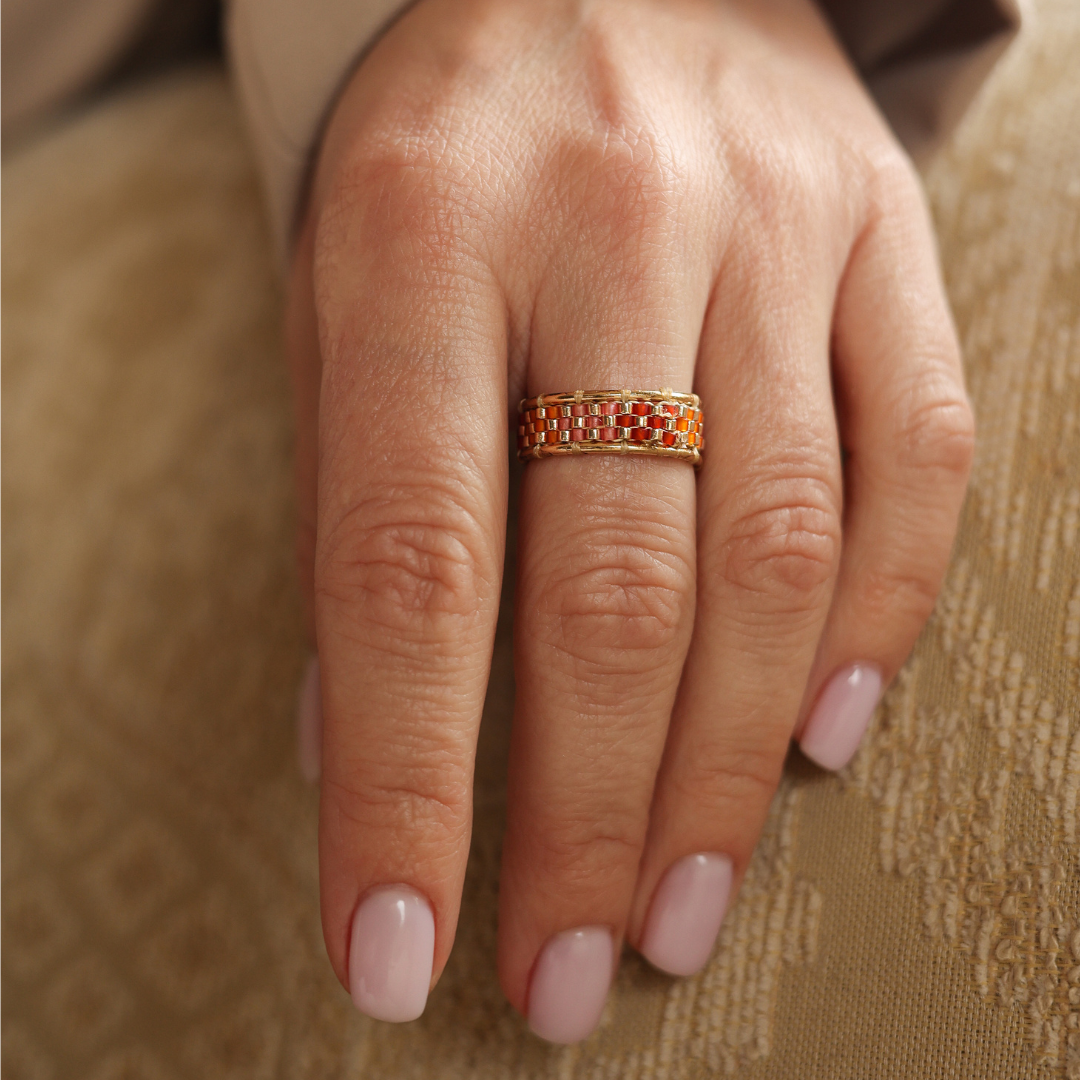 CoR in Orange Red - Ring with Palestinian Tatreez Pattern