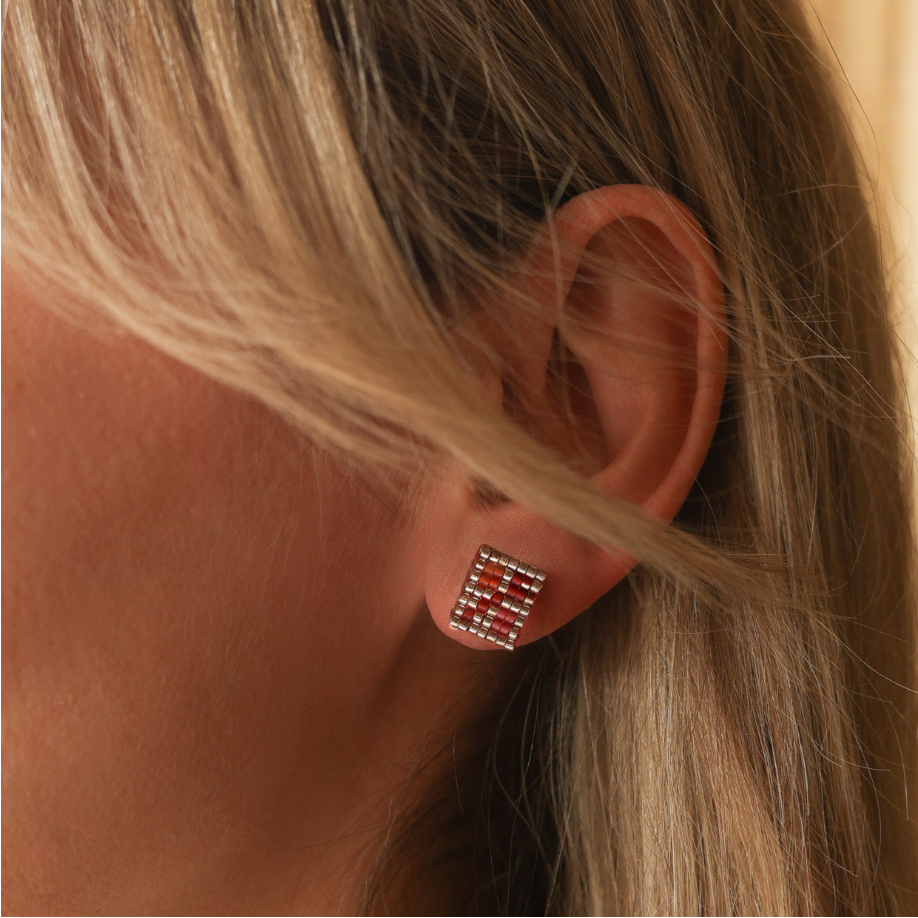 The Branch in Orange Red - Stud Earrings with Palestinian Tatreez Pattern